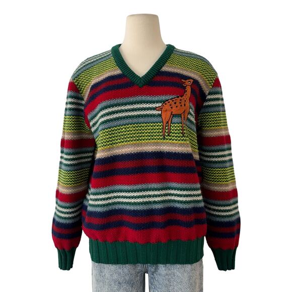 Gucci Striped V-Neck Deer Sweater Pullover Wool Alpaca Blend | Men's L - Picture 1 of 12